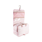 Pink striped toiletry bag with hanging hook on a white background