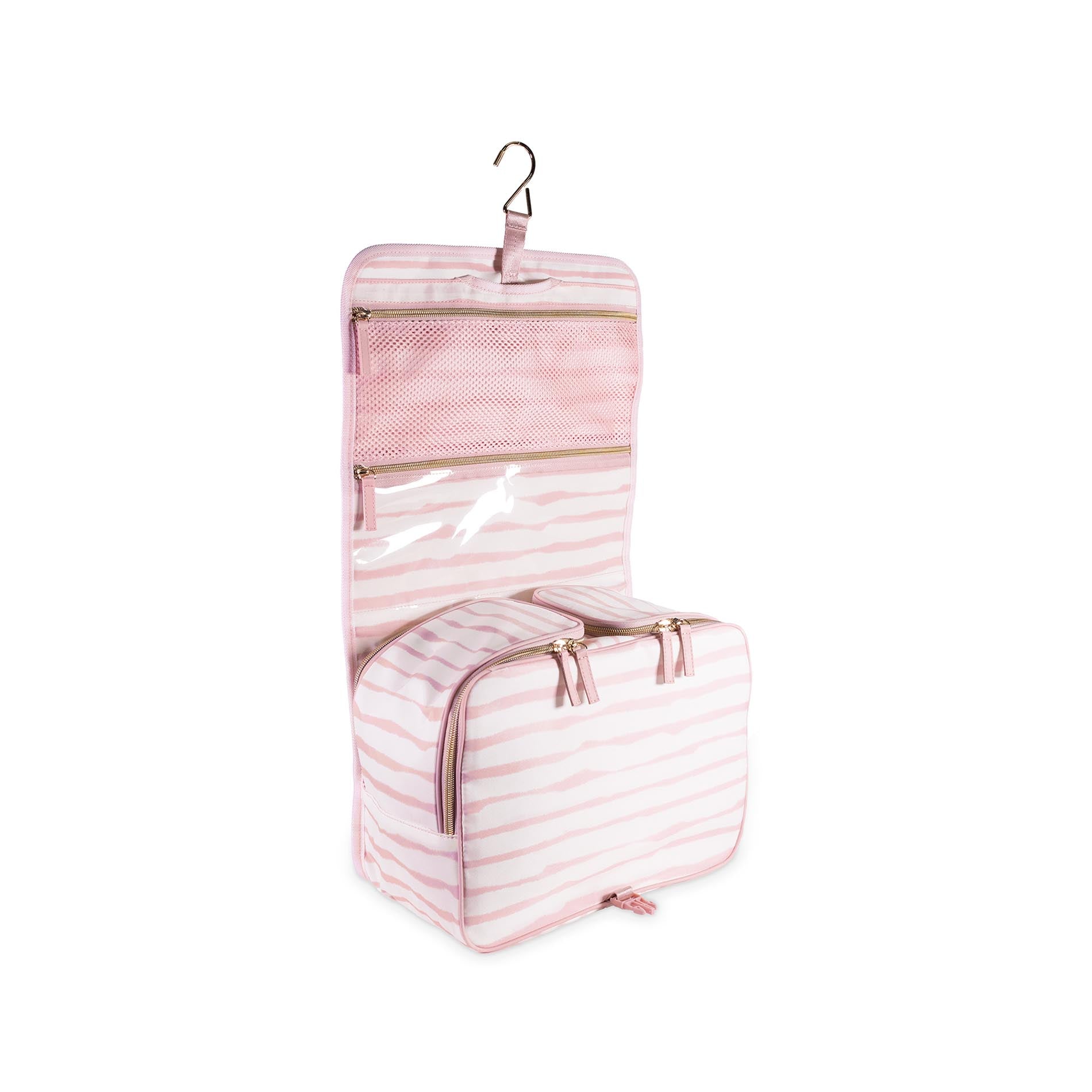 Pink striped toiletry bag with hanging hook on a white background