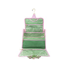 A green and white striped hanging organizer pouch with pink trim and a gold-tone hanger, shown open against a plain white background.
