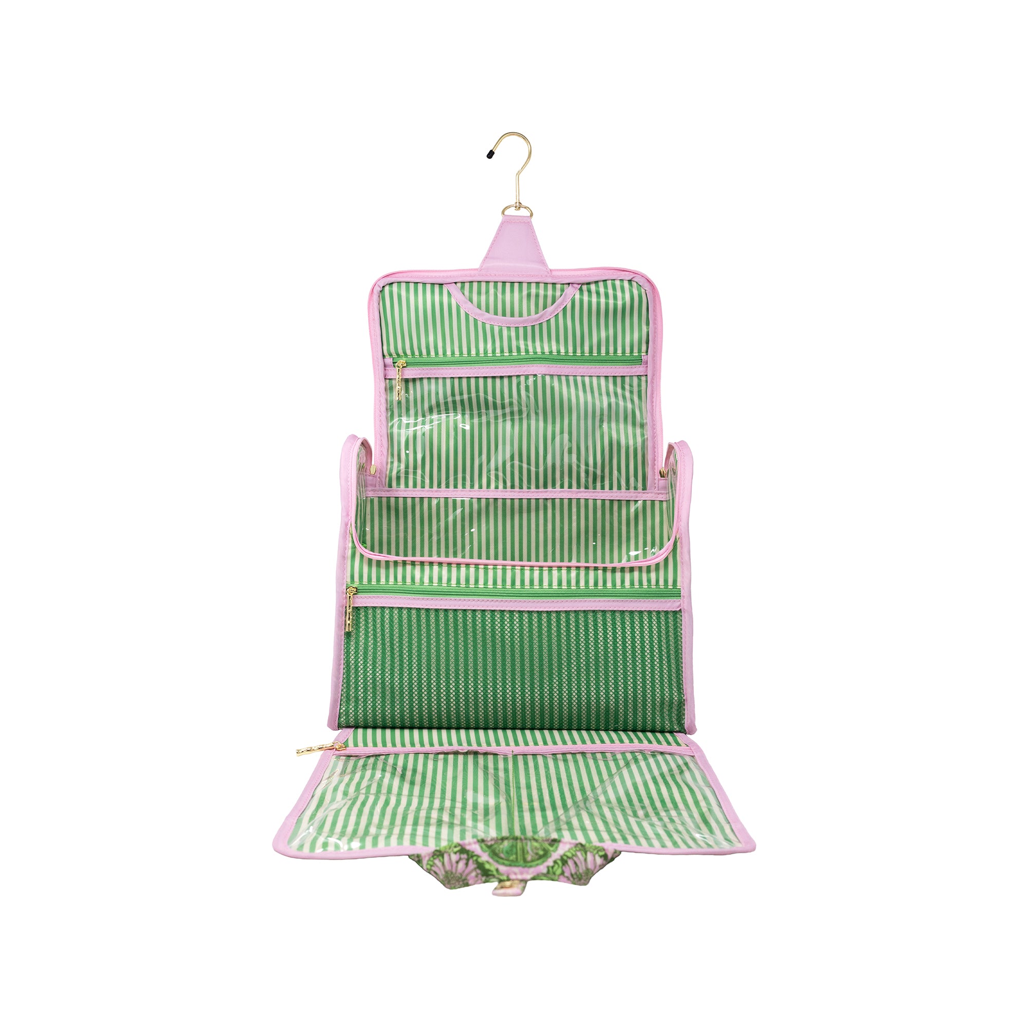A green and white striped hanging organizer pouch with pink trim and a gold-tone hanger, shown open against a plain white background.