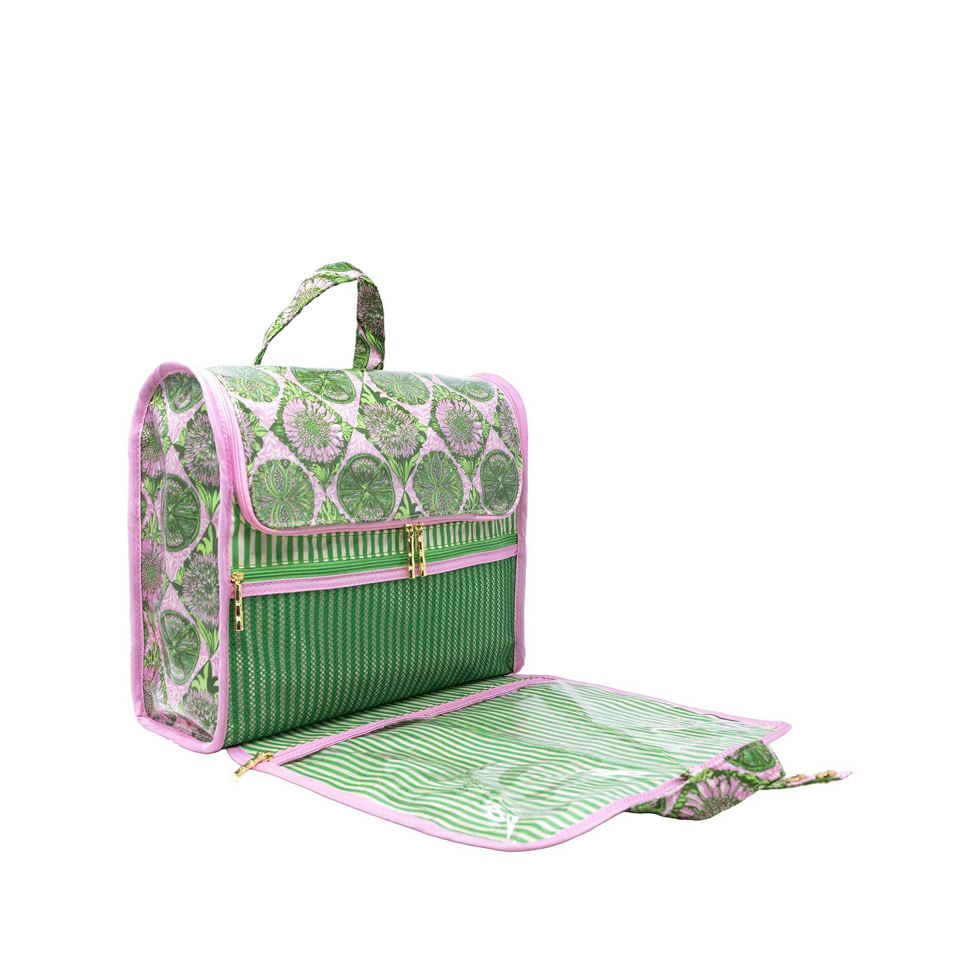 A green and white patterned picnic blanket organizer with pink trim, shown open with its handle extended, on a plain white background.