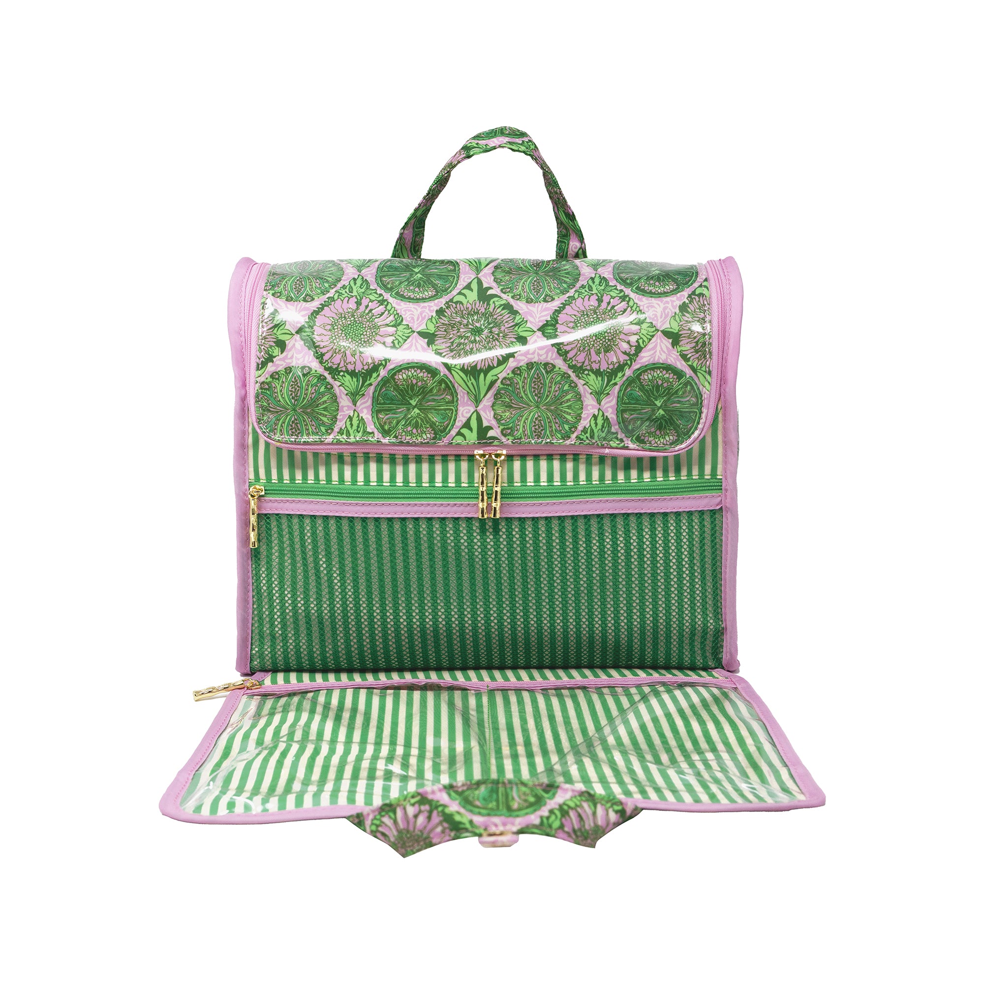 A green and pink patterned backpack shown open, revealing a zippered compartment, striped interior lining, and a matching handle, photographed on a plain white background.