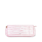 Pink and white striped pouch with 'kate spade' branding on a white background