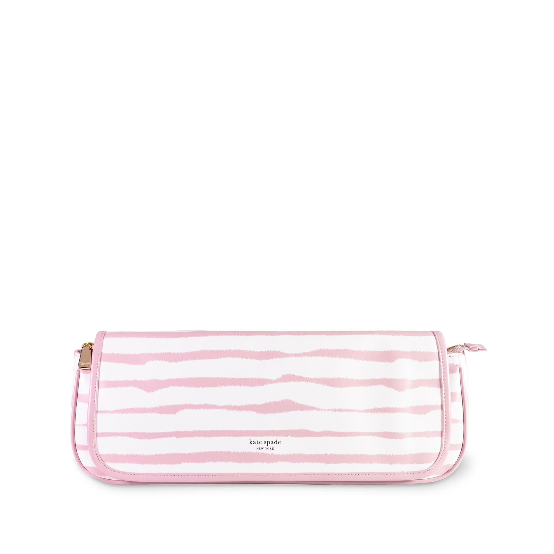 Pink and white striped pouch with &#39;kate spade&#39; branding on a white background