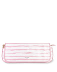 Pink and white striped pouch with 'kate spade' branding on a white background
