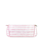 Pink and white striped clutch bag on a white background