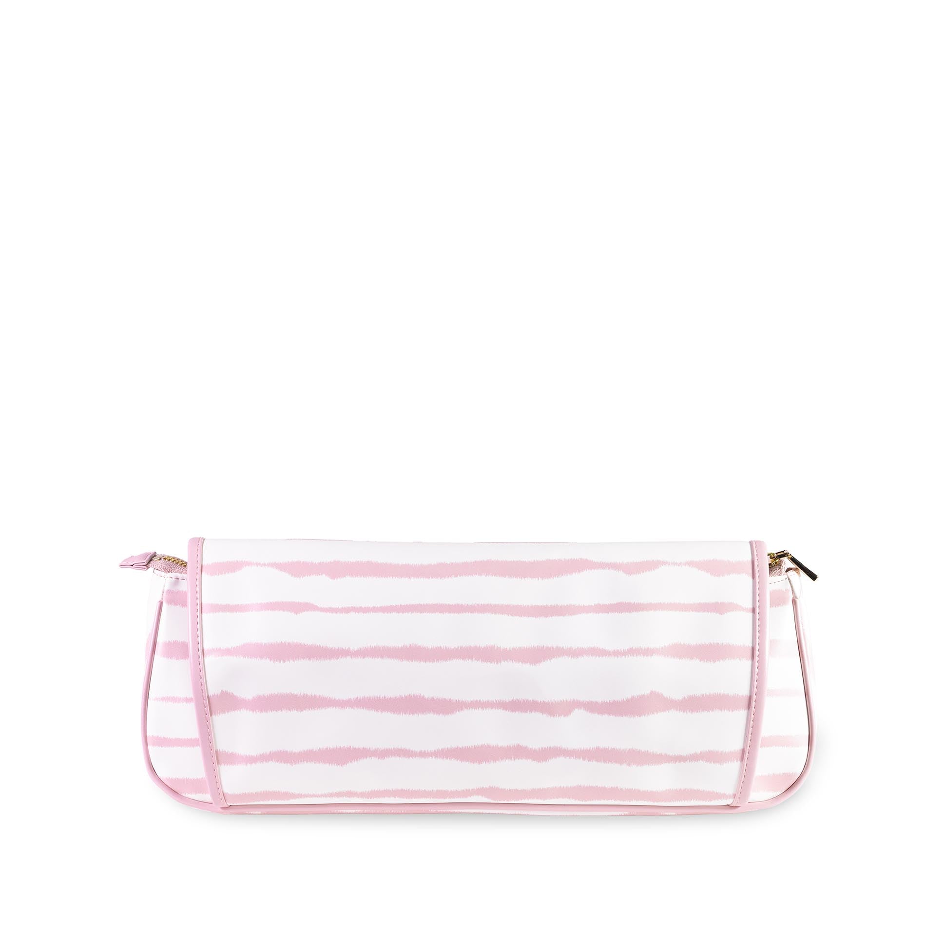 Pink and white striped clutch bag on a white background
