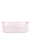 Pink and white striped clutch bag on a white background