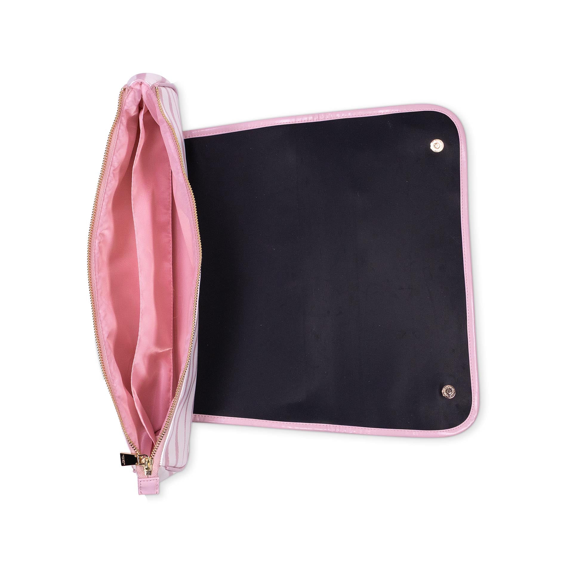 Pink pouch with a black interior on a white background