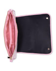 Pink pouch with a black interior on a white background