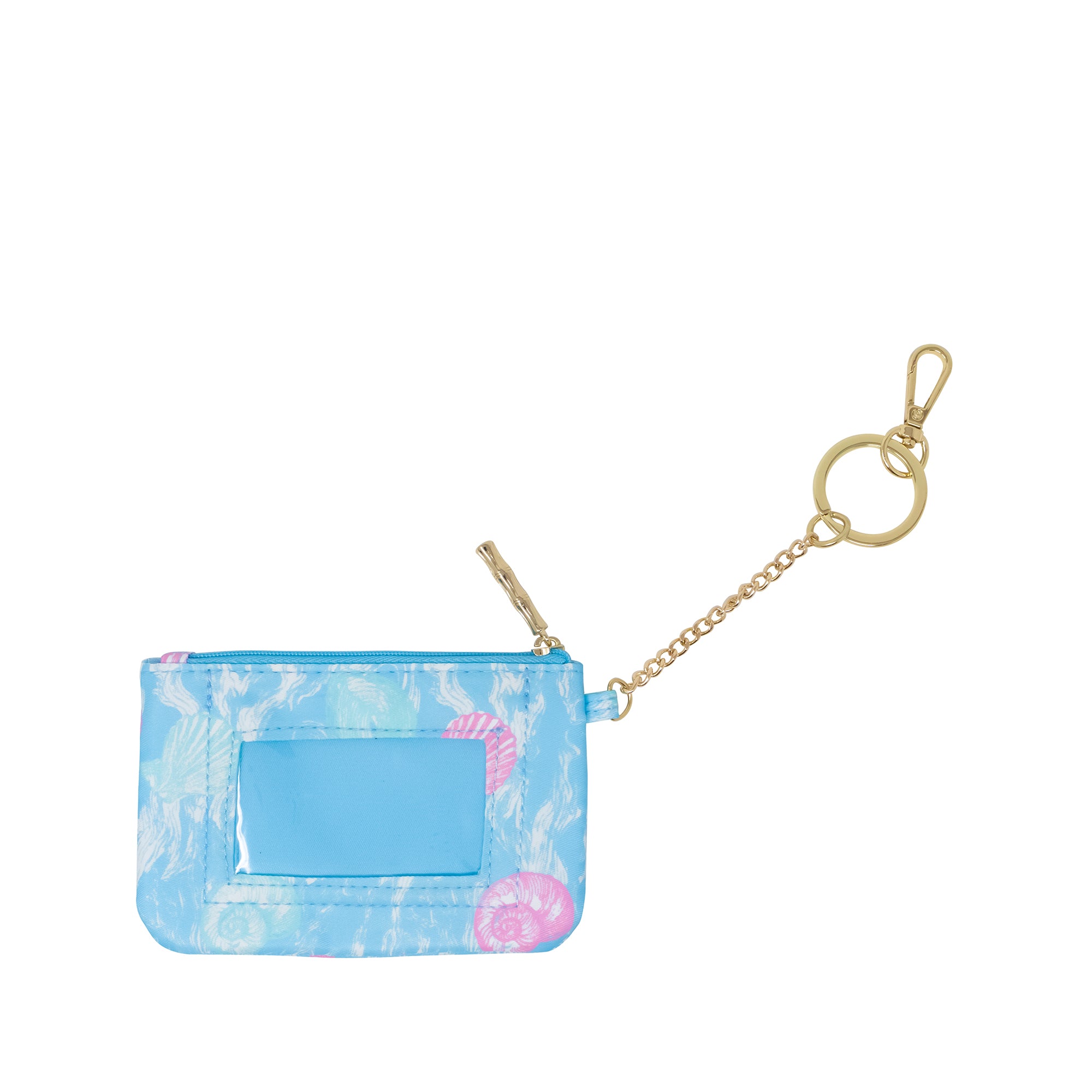 Blue pouch with seashell design and gold chain keychain on a white background
