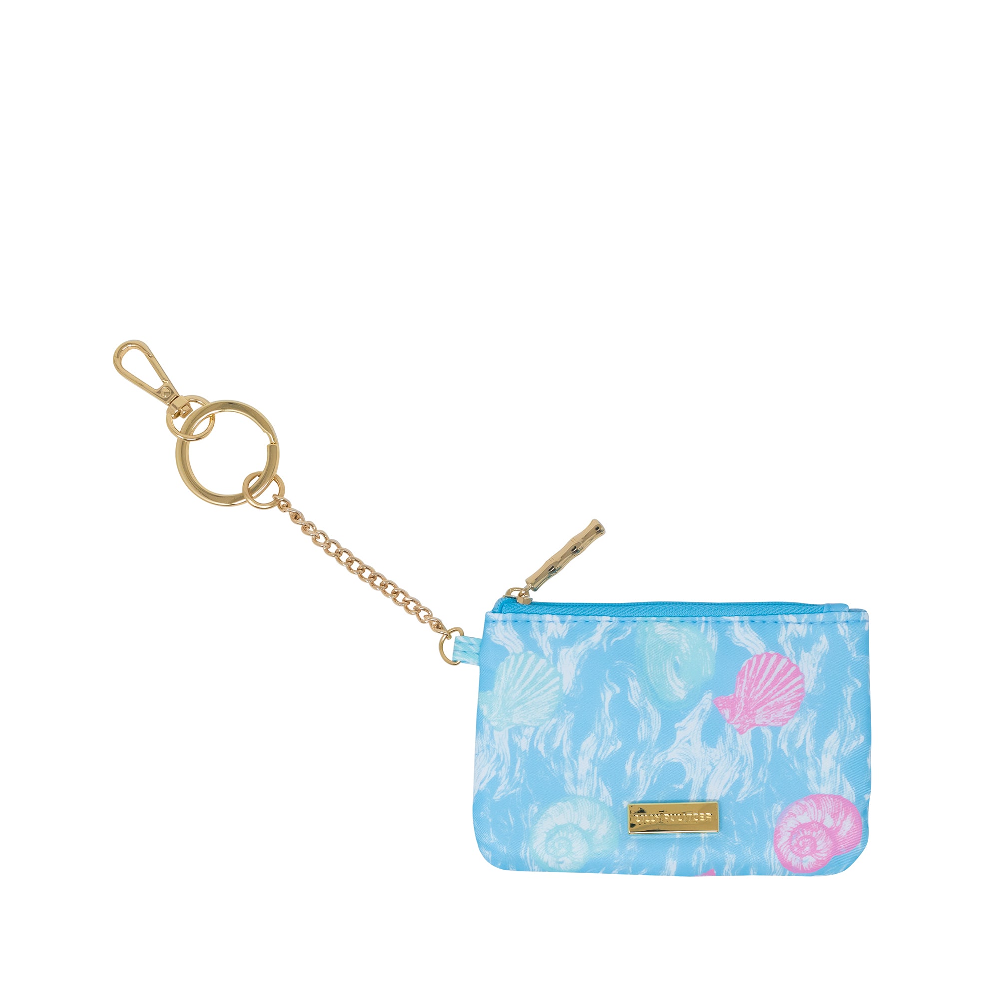Small blue pouch with shell design and gold chain on a white background