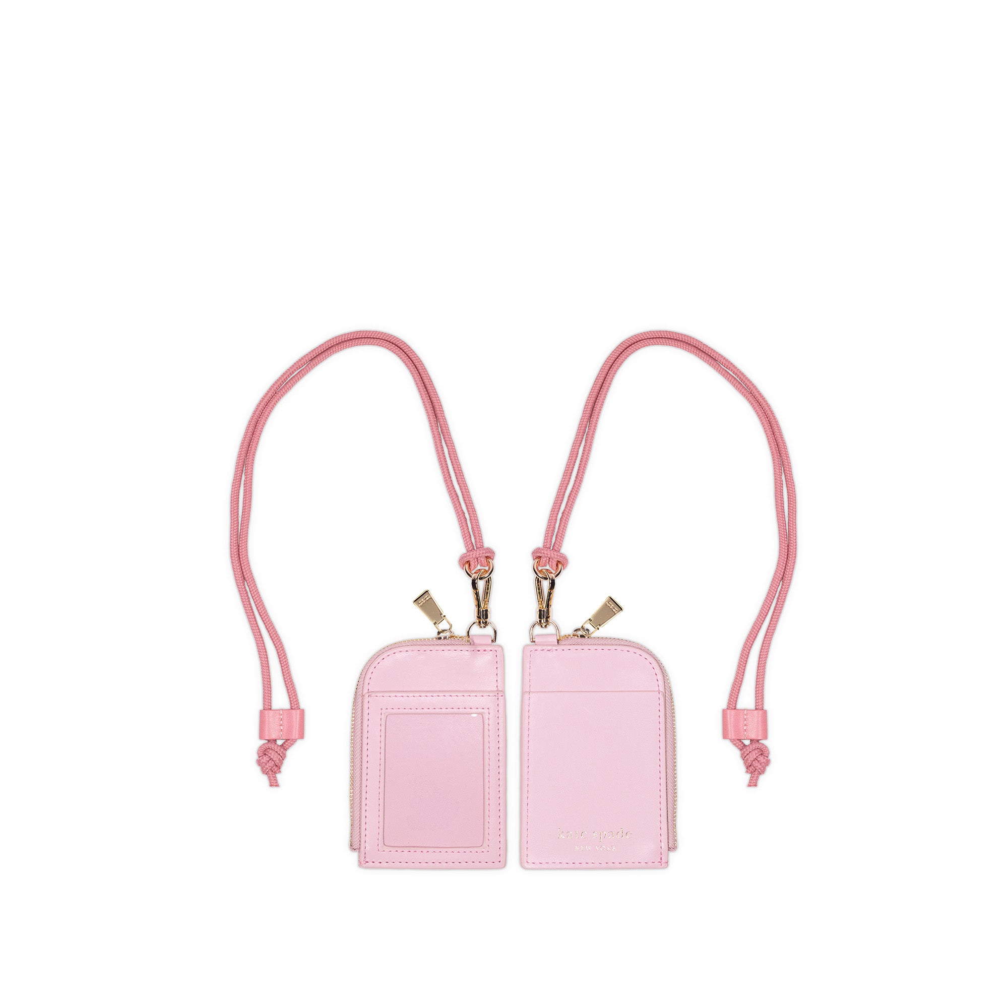 Front and Back view of pink leatherette ID holder with lanyard strap