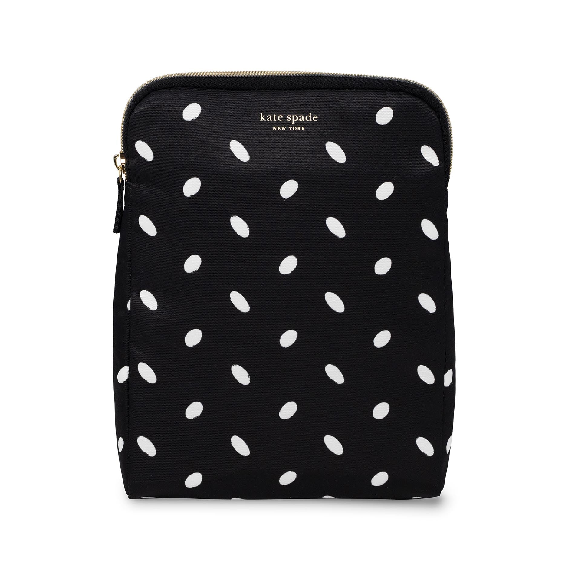 Black pouch with white polka dots and &#39;kate spade new york&#39; branding on a white background