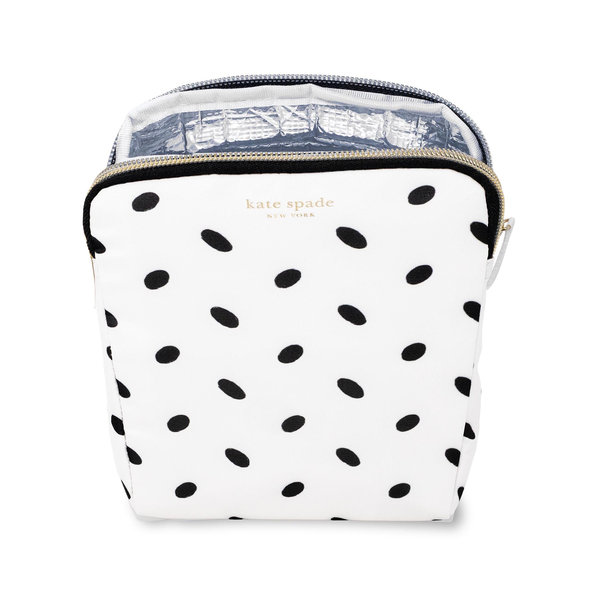 White pouch with black polka dots and 'kate spade' branding on a white background