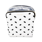 White pouch with black polka dots and 'kate spade' branding on a white background