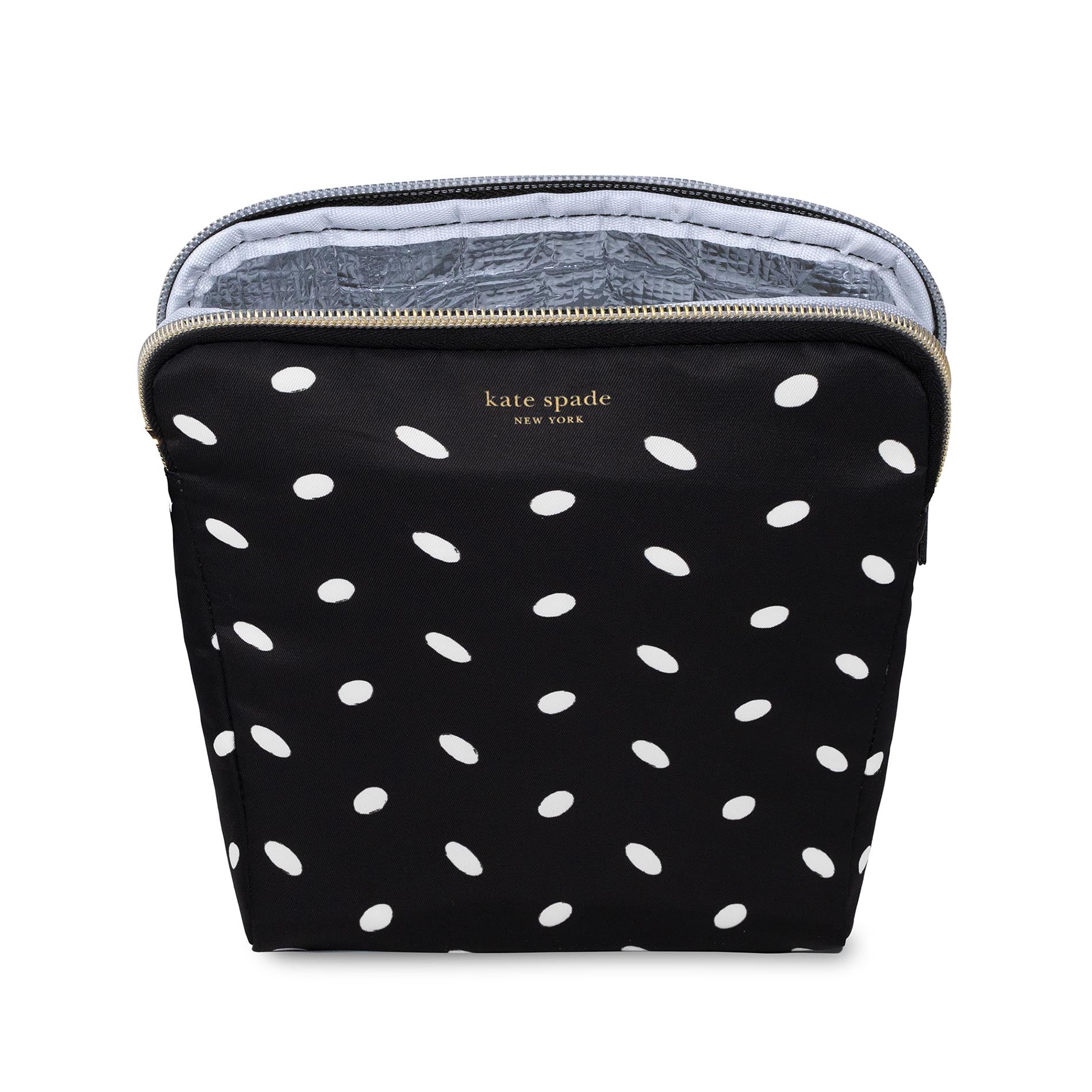 Black pouch with white polka dots featuring &#39;kate spade new york&#39; branding on a white background.