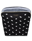 Black pouch with white polka dots featuring 'kate spade new york' branding on a white background.