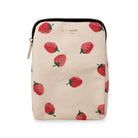 A cream-colored zippered pouch by Kate Spade New York, decorated with a pattern of red strawberries with green leaves, shown against a plain white background.