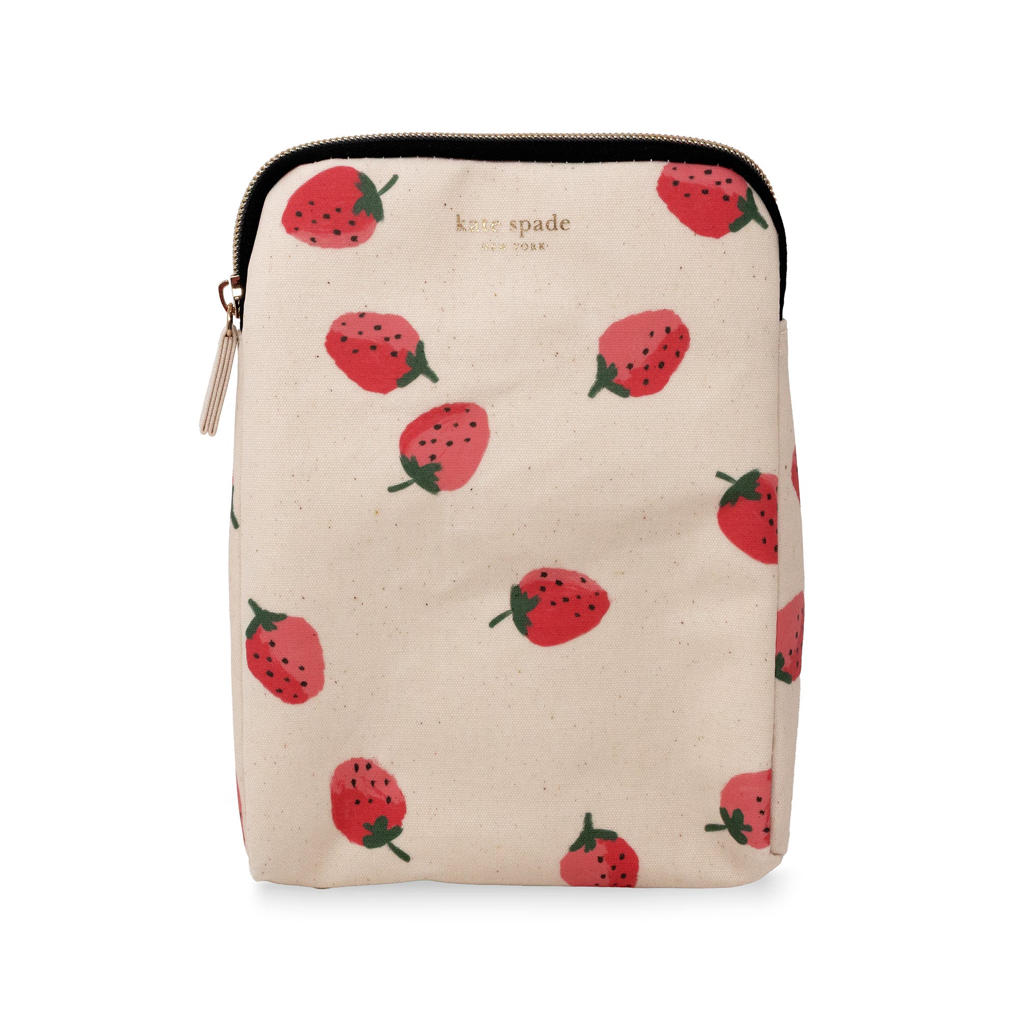 A cream-colored zippered pouch by Kate Spade New York, decorated with a pattern of red strawberries with green leaves, shown against a plain white background.