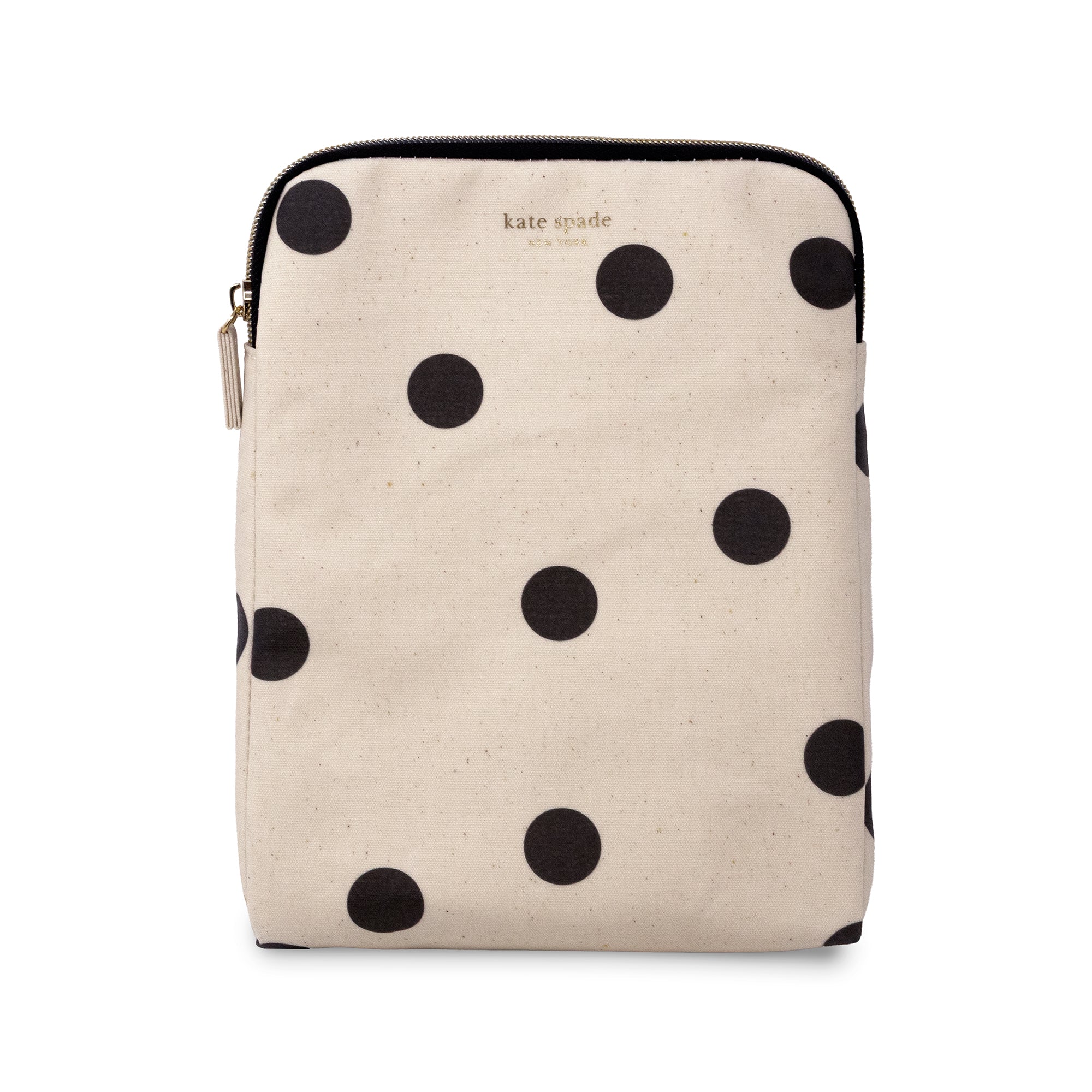 A Kate Spade canvas tablet sleeve featuring a black polka dot pattern on a light beige background, shown against a plain white studio background.