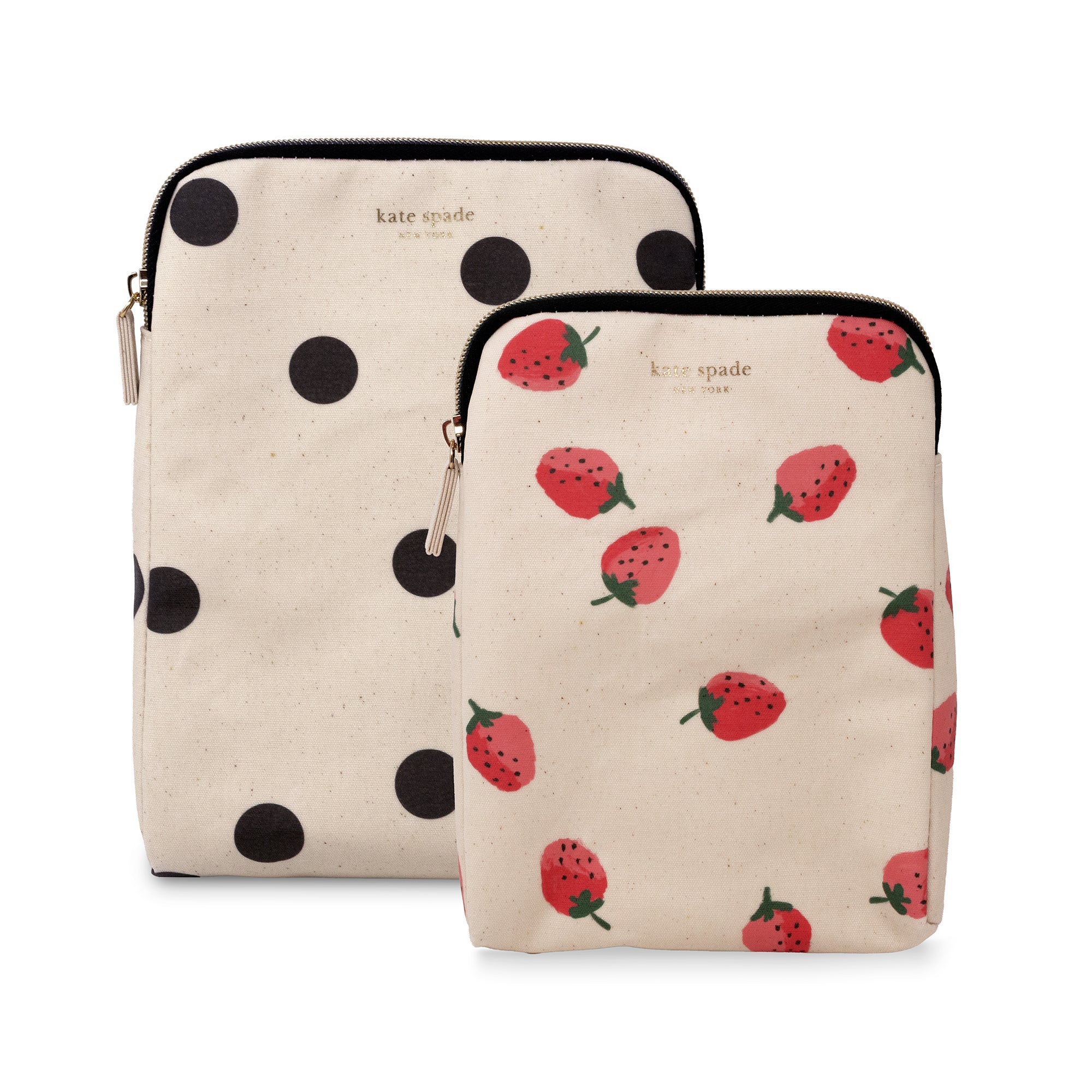 Two Kate Spade canvas zippered pouches on a white background. The larger pouch has a cream background with black polka dots, and the smaller pouch has a matching cream background with red strawberry prints.