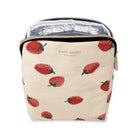A Kate Spade New York insulated lunch bag featuring a cream canvas body with a red strawberry print and a gold zipper