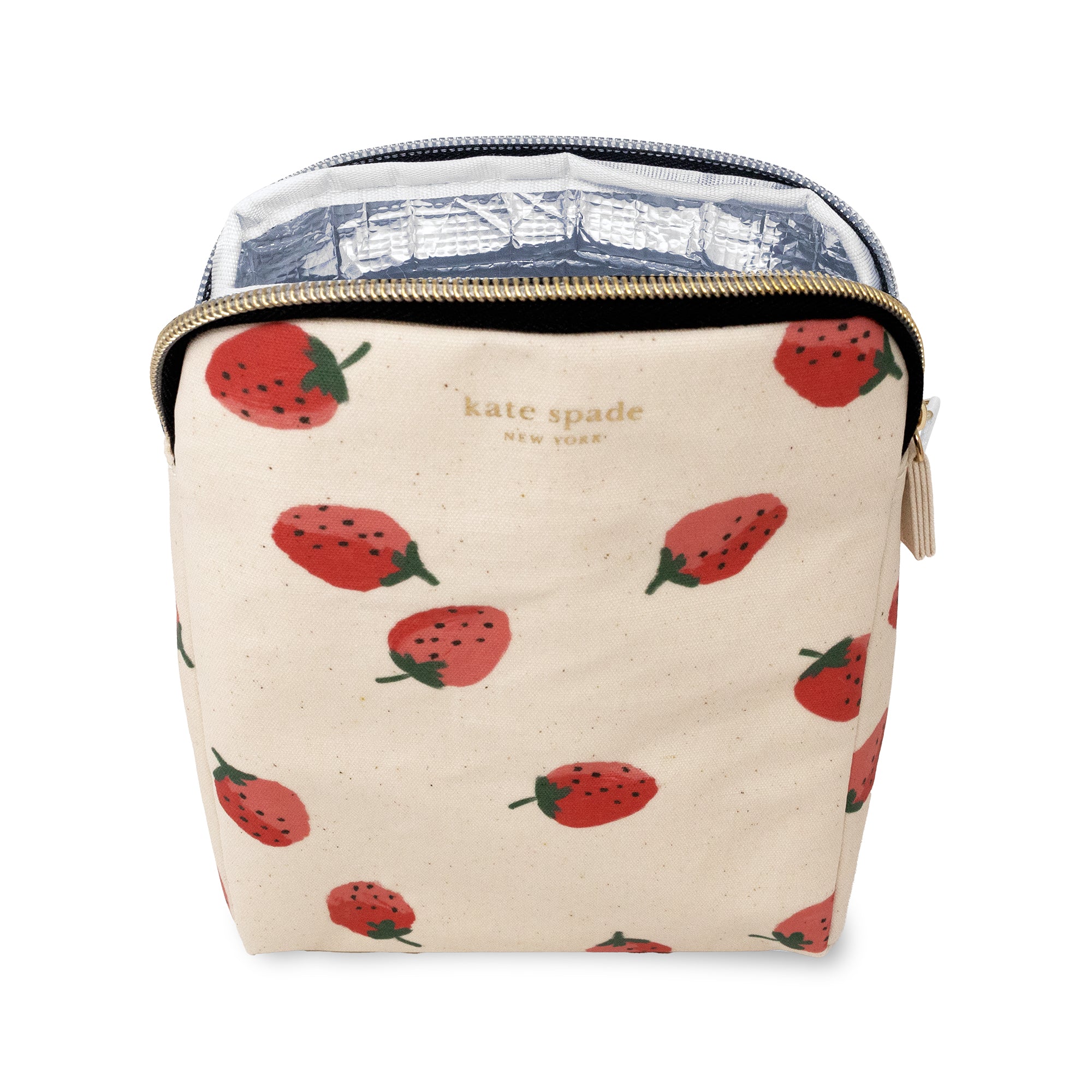A Kate Spade New York insulated lunch bag featuring a cream canvas body with a red strawberry print and a gold zipper