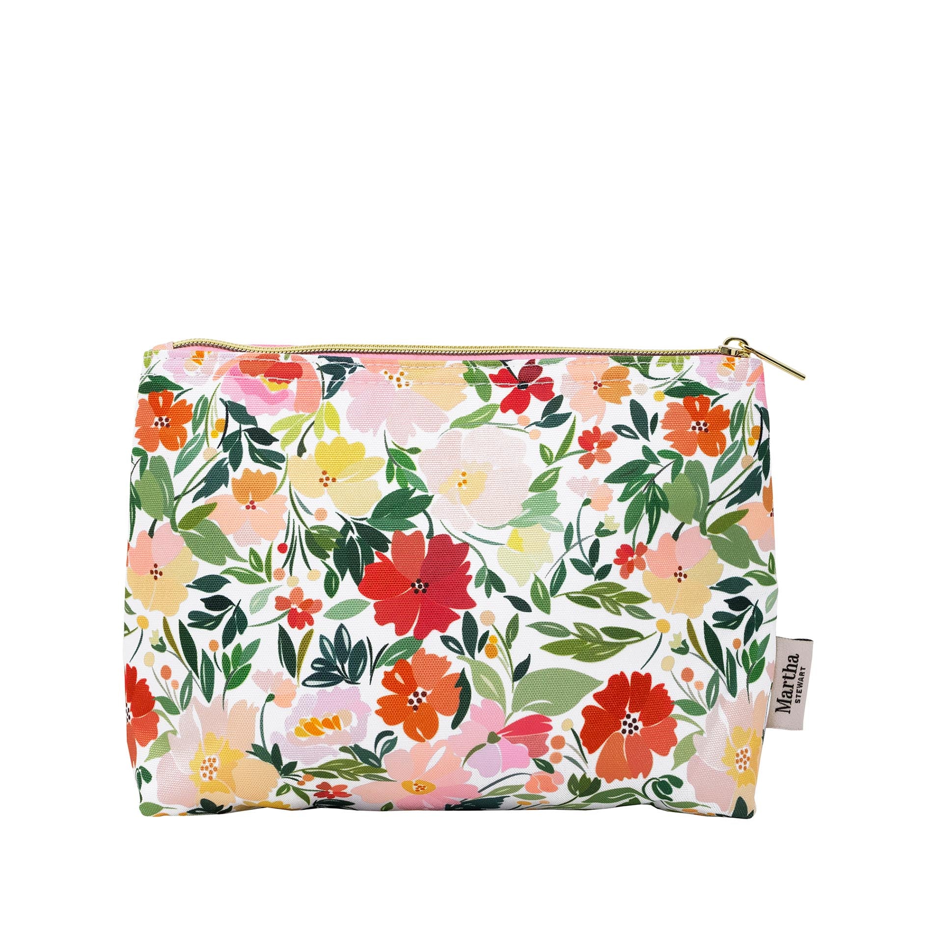 Floral-patterned pouch with a visible brand label on a white background