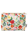 Floral-patterned pouch with a visible brand label on a white background