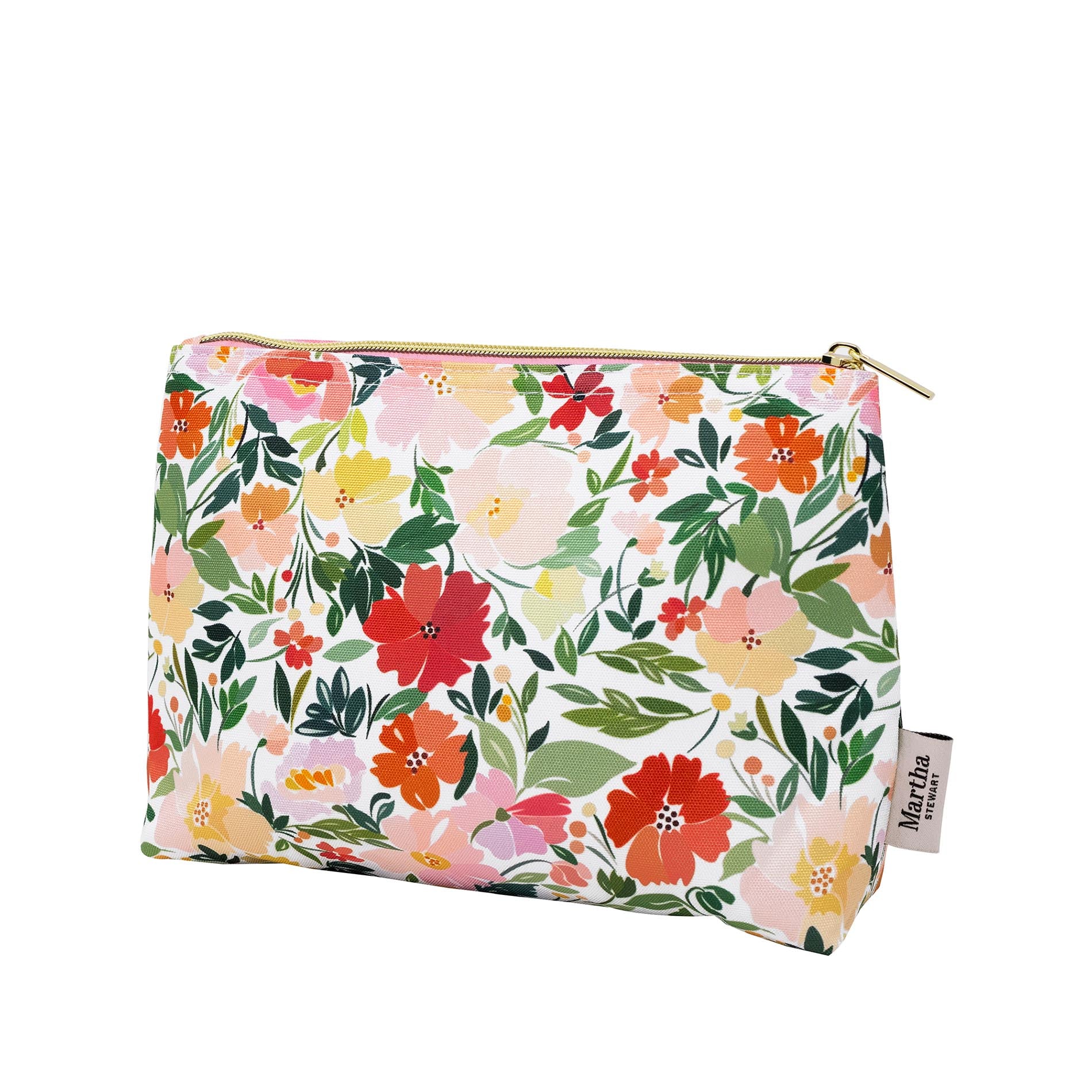 Floral patterned pouch with a brand label on a white background
