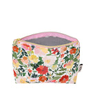 Floral-patterned pouch with a pink zipper on a white background