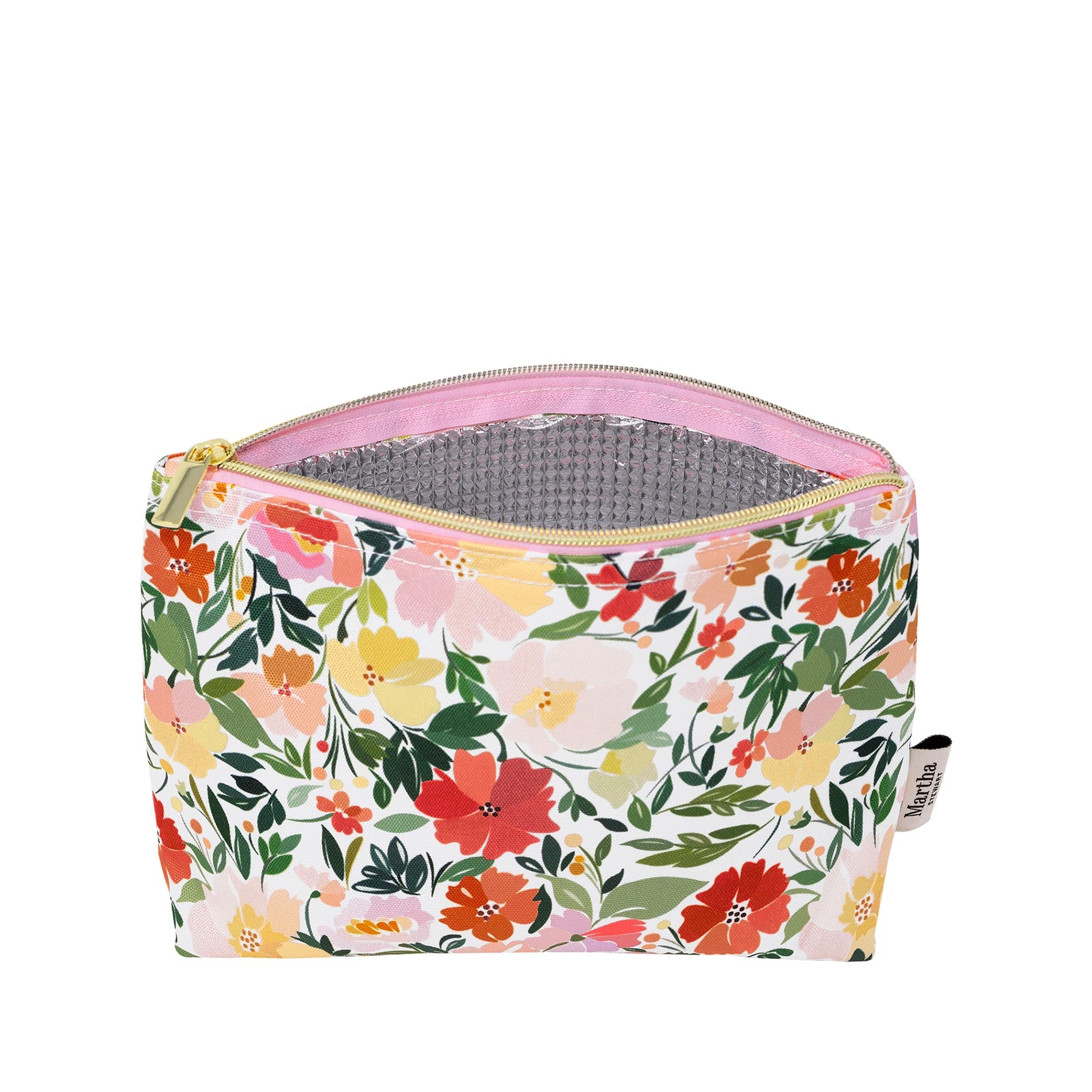 Floral-patterned pouch with a pink zipper on a white background