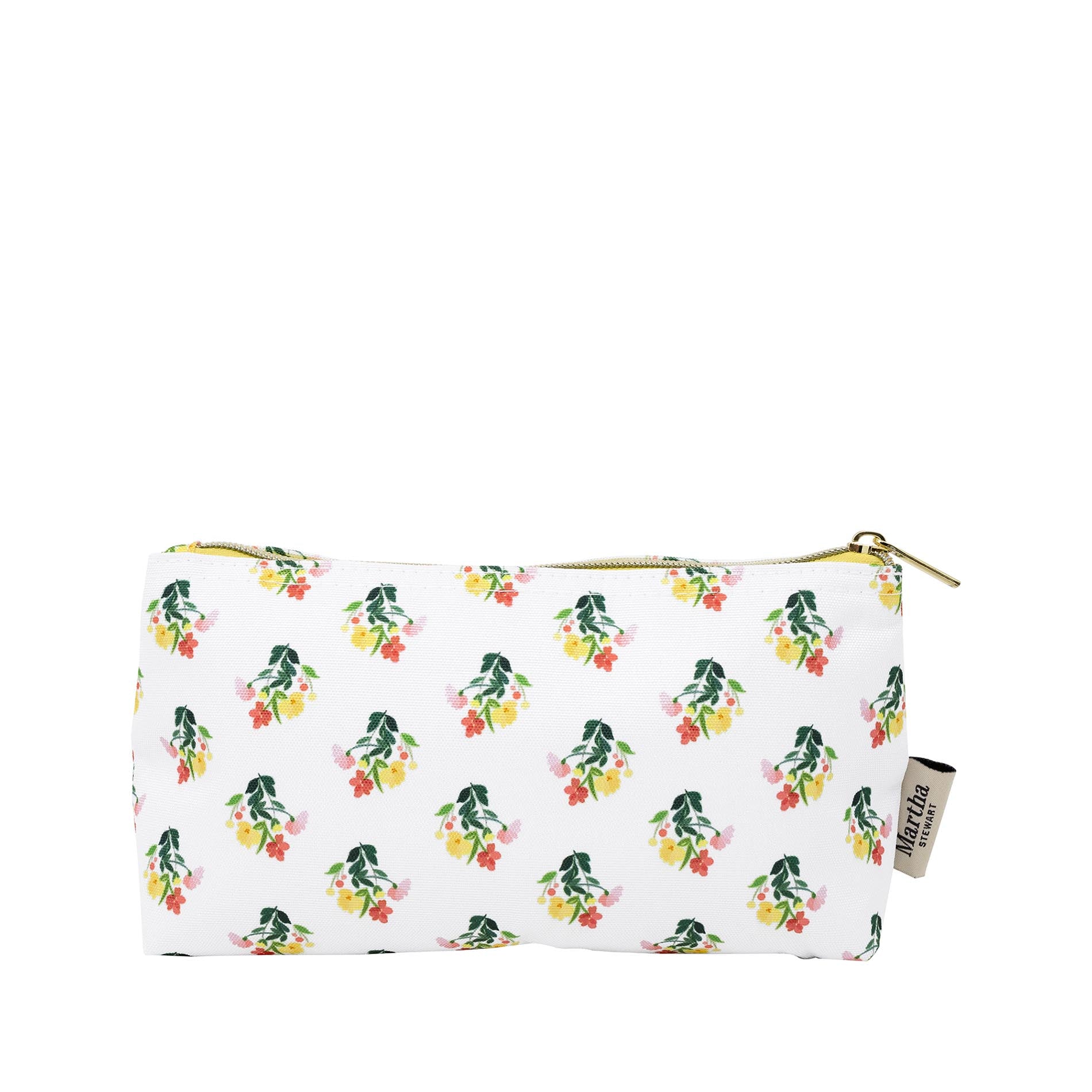 White pouch with floral pattern and gold zipper on a white background