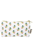 White pouch with floral pattern and gold zipper on a white background