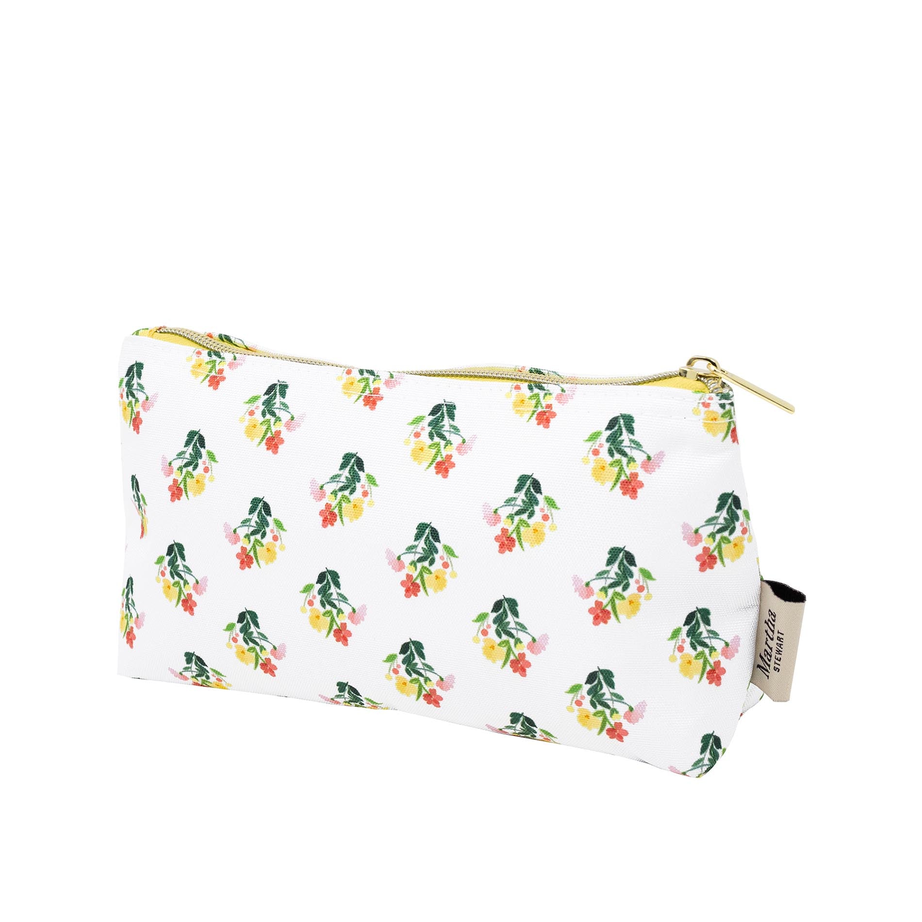 Floral-patterned pouch with a gold zipper on a white background