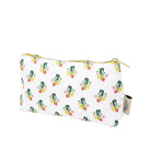 Floral-patterned pouch with a gold zipper on a white background