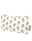 Floral-patterned pouch with a gold zipper on a white background