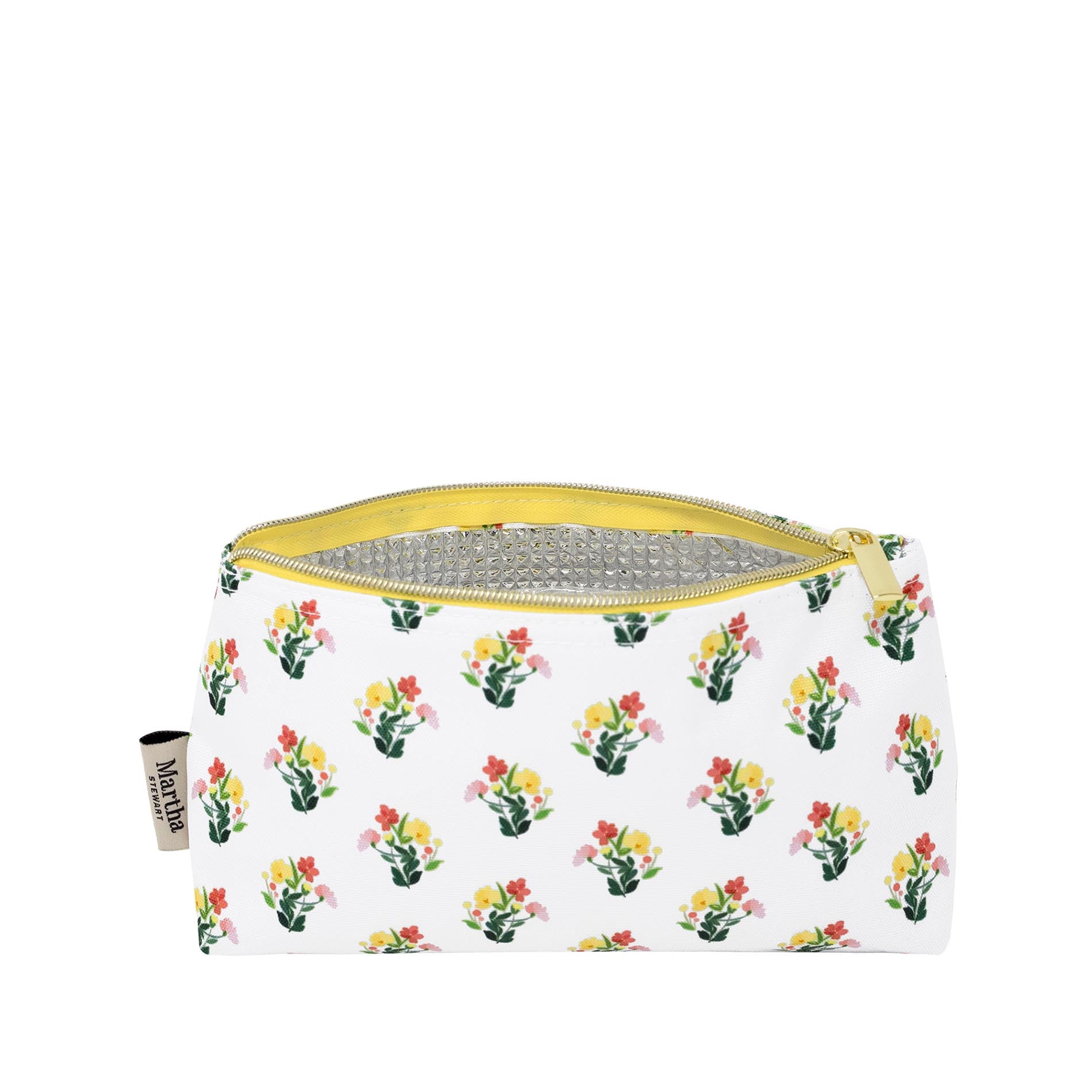 Cosmetic bag with floral pattern and yellow zipper on a white background