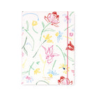 Notebook with floral design and pink ribbon on a white background
