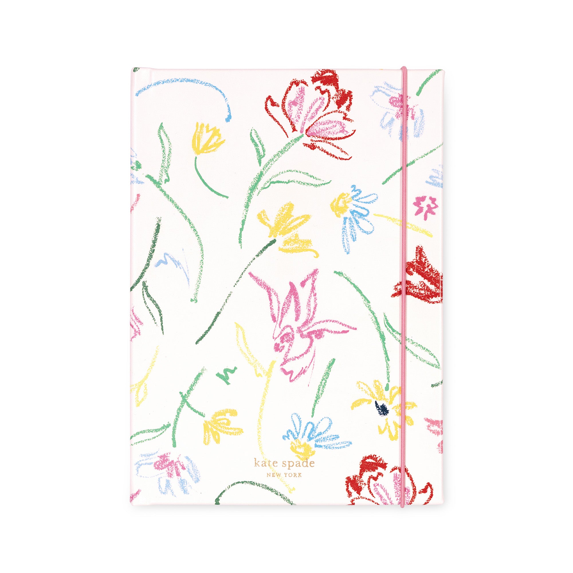 Notebook with floral design and pink ribbon on a white background