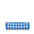 Blue and white checkered pencil case with gold zipper on a white background