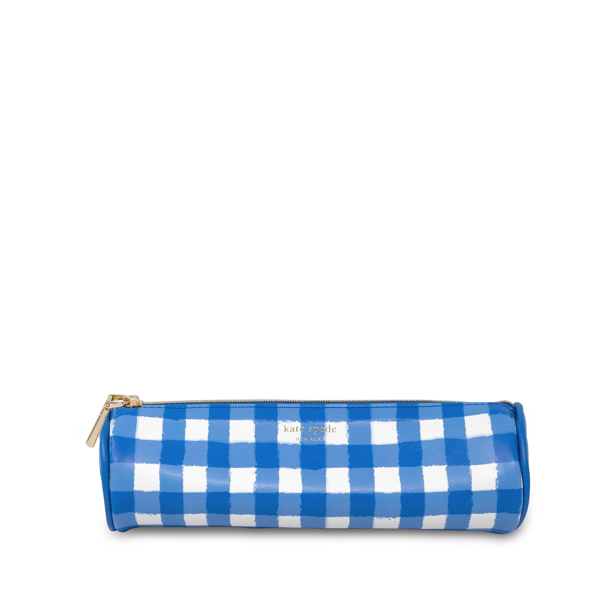 Blue and white checkered pencil case with gold zipper on a white background