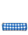 Blue and white checkered pencil case with gold zipper on a white background