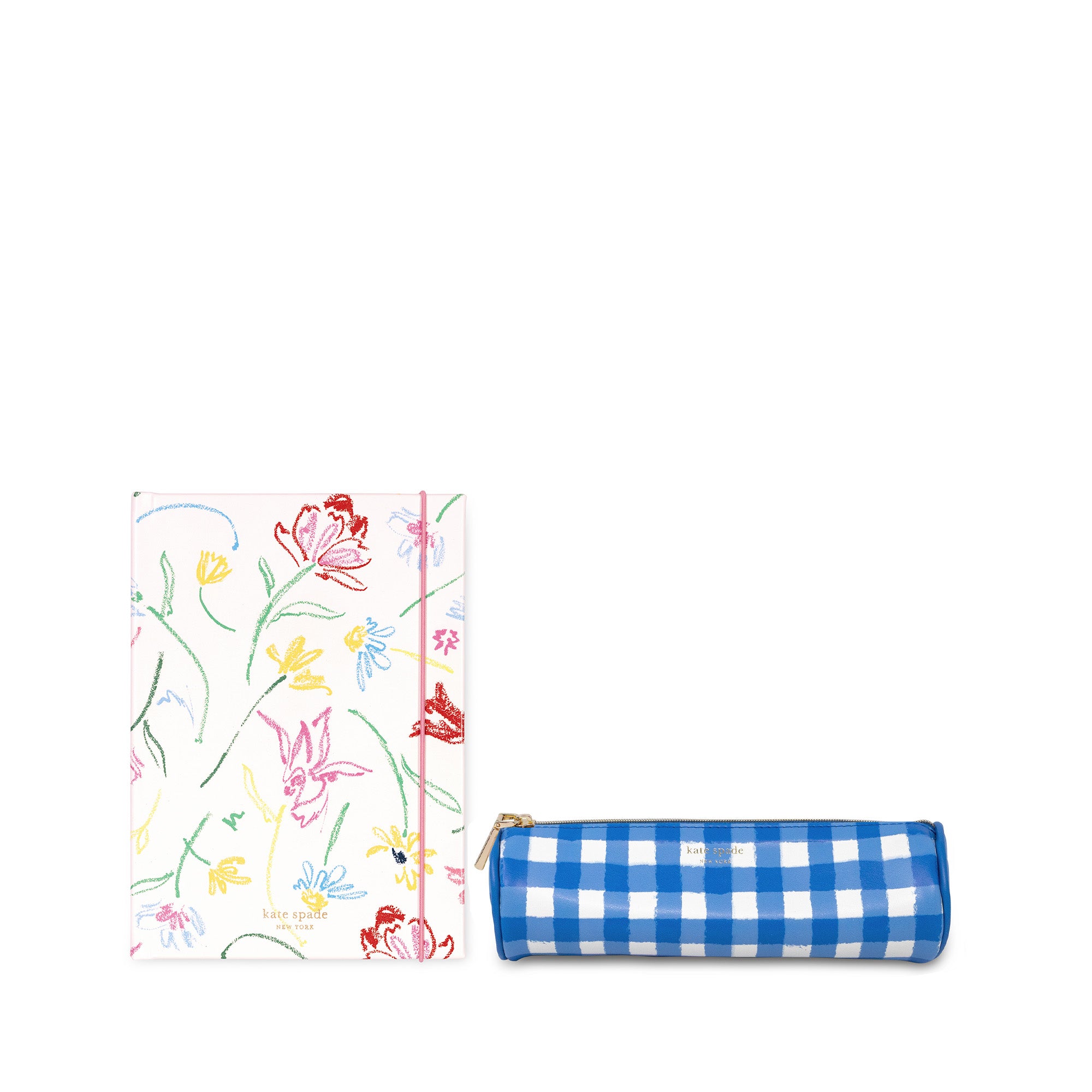 Floral-patterned pouch and blue checkered pencil case on a white background
