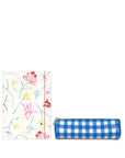 Floral-patterned pouch and blue checkered pencil case on a white background