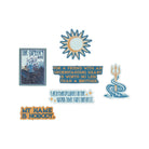 Collection of decorative elements including a book cover, sun emblem, motivational quote, and trident symbol on a white background.