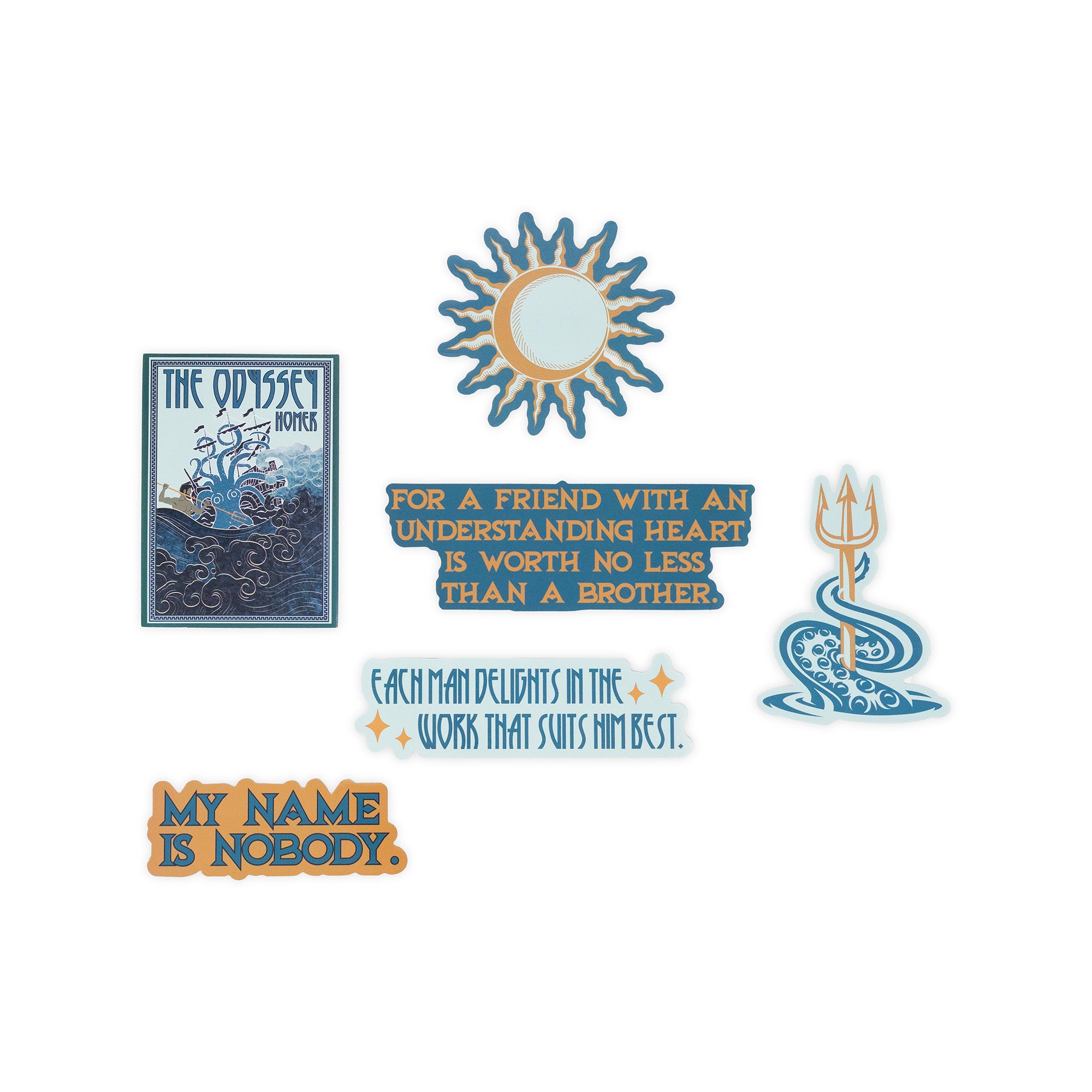 Collection of decorative elements including a book cover, sun emblem, motivational quote, and trident symbol on a white background.