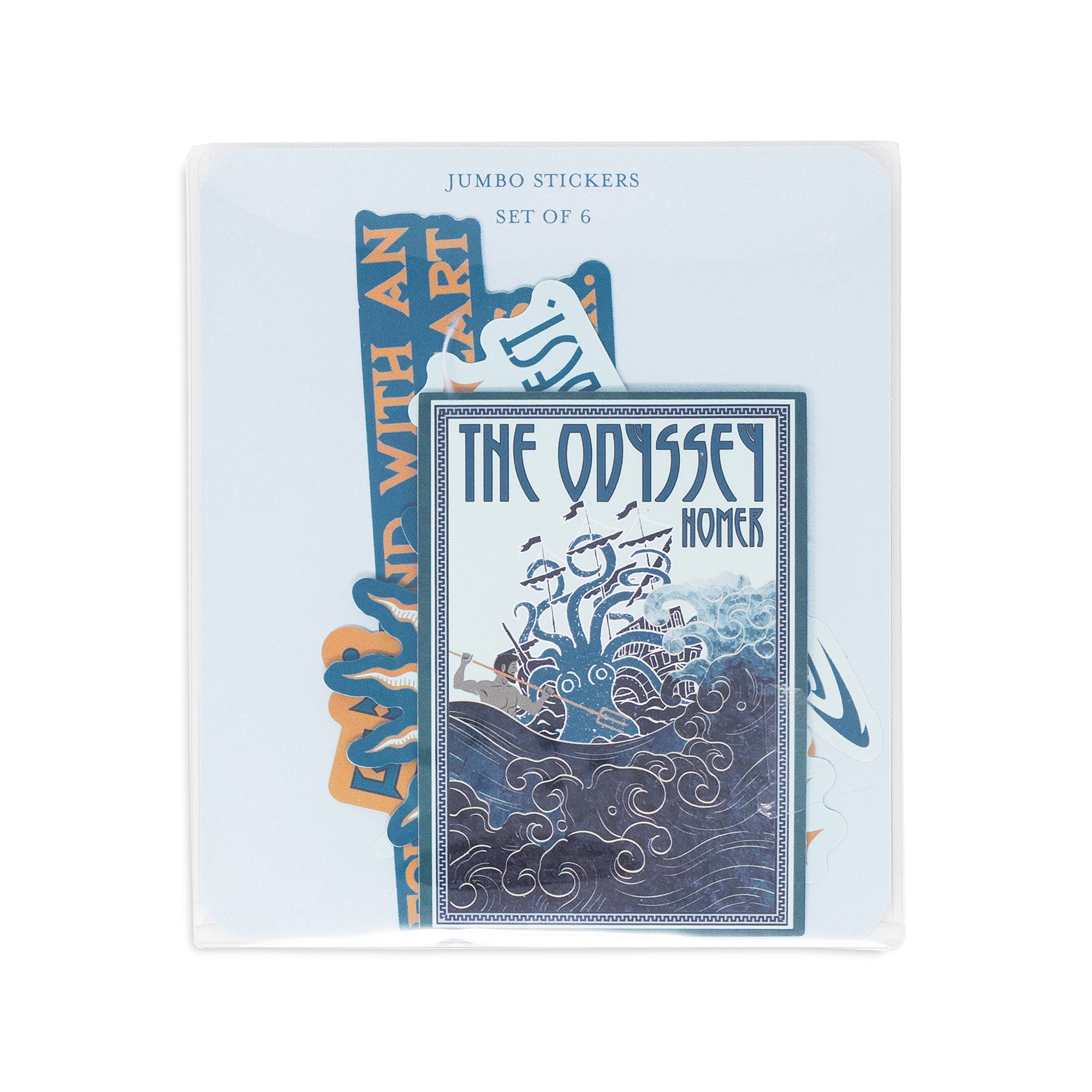 Pack of 'The Odyssey' stickers with Homer's name on a white background