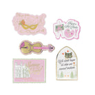 Set of decorative stickers with artistic designs and text on a white background